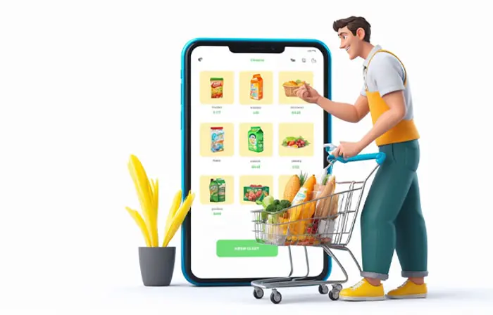 Graphic Design with a 3D Young Man Choosing Products near Cart Illustration